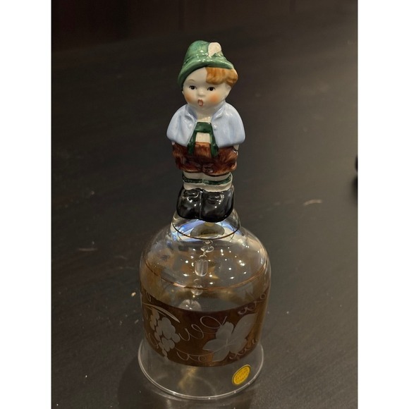 Other - Vintage Western Germany Glass Dinner Bell Alpine Boy Figurine Gold Leaf Etched